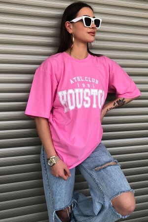 Houston Baskılı Kadın Oversize Pembe T-shirt - 4