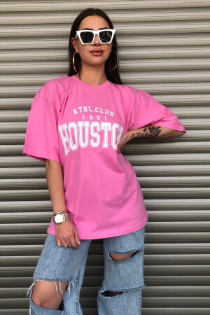 Houston Baskılı Kadın Oversize Pembe T-shirt - 5