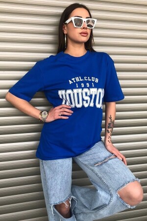 Houston Baskılı Kadın Oversize Saks Mavi Salas T-shirt Boyfriend - 1