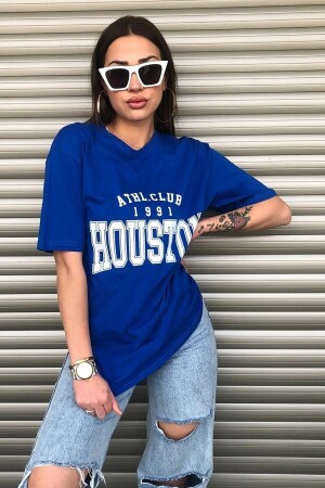 Houston Baskılı Kadın Oversize Saks Mavi Salas T-shirt Boyfriend - 2