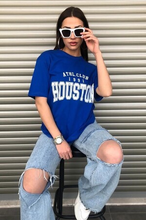 Houston Baskılı Kadın Oversize Saks Mavi Salas T-shirt Boyfriend - 3