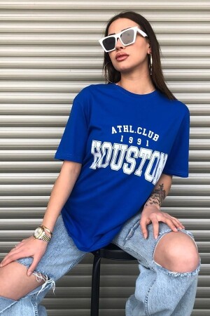 Houston Baskılı Kadın Oversize Saks Mavi Salas T-shirt Boyfriend - 4