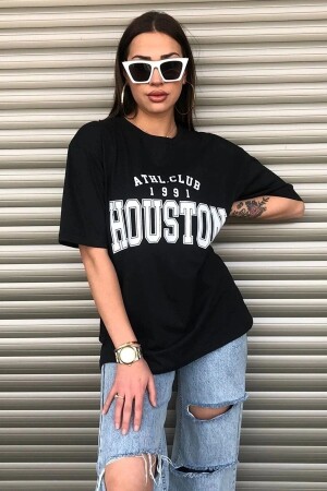 Houston Baskılı Kadın Salas Oversize Siyah T-shirt Boyfriend - 1