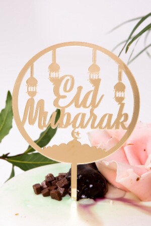 منز عيد مبارك مكتوب الزجاج الذهبي المرجاني الكعك الأصفر الذهبي العلوي لوحة اسم عيد رمضان الزينة الدينية - Huzur Party Store