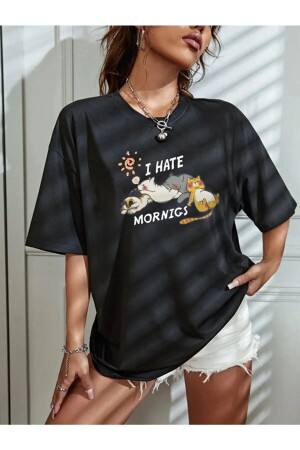 I Hate Mornings Sevimli Kediler Baskılı Oversize T-shirt - 1
