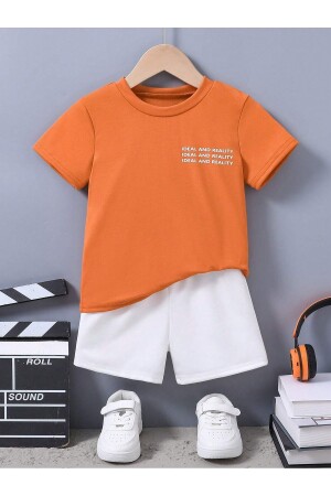 Ideale Baumwollanzug-T-Shirt-Shorts für Kinder – orange und weiß bedruckt, für Mädchen und Jungen, Sommer-Rundhalsausschnitt - 1