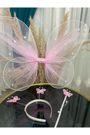 Inci Detaylı Pembe Kelebek Kanadı Tac Ve Asa Seti - Entrend