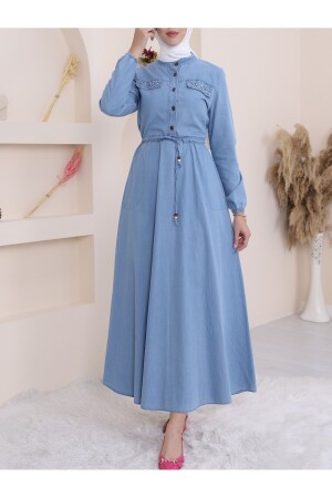 Inci Detaylı Tünel Bağcıklı Uzun Kot Elbise - Modamorfo