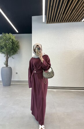 İnci İğneli Keten Elbise - Bordo - Duendeca