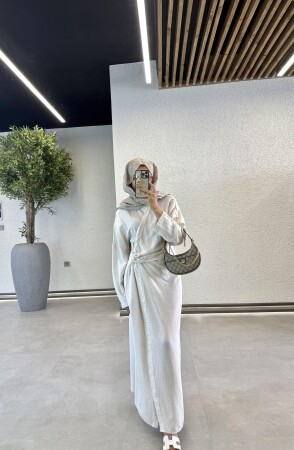 İnci İğneli Keten Elbise - Ekru - Duendeca