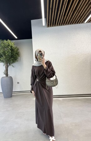 İnci İğneli Keten Elbise - Kahve - Duendeca