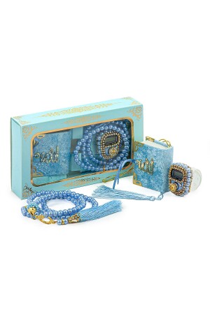 İnci Tesbihli Taşlı Zikirmatik ve Mini Kadife Kuran-ı Kerim Set Mevlüt Hediyesi - Mavi - Ihvanonline