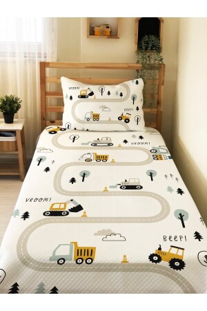 Inşaat Makineleri Yol Desenli Bebek Ve Çocuk Baskılı Tek Kişilik Pike Takımı 160x230 beyaz - Evmila