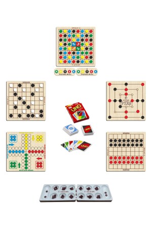 Intelligenzspiel-Set aus Holz, 7 Teile Mangala + 9 Steine ​​+ Dame + Springen und Sammeln + Ludo + Reversi + Uno-Karten eticset333 - 2