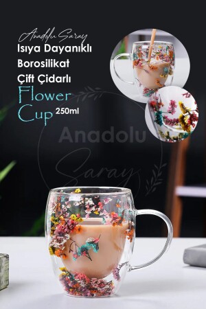 Isıya Dayanıklı Borosilikat Çift Çidarlı Flower Cup Çiçekli Bardak Çiçekli Kahve Sunum Bardağı - 2