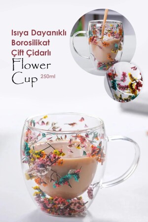 Isıya Dayanıklı Borosilikat Çift Çidarlı Flower Cup Çiçekli Bardak Çiçekli Kahve Sunum Bardağı - 5