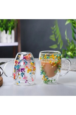 Isıya Dayanıklı Borosilikat Çift Çidarlı Flower Cup Çiçekli Bardak Çiçekli Kahve Sunum Bardağı - 1