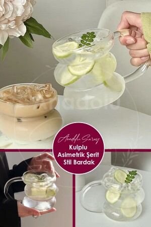 Isıya Dayanıklı Borosilikat Kulplu Asimetrik Şerit İskandinav Bardak Kahve Sunum Kokteyl Bardağı - Anadolu Saray