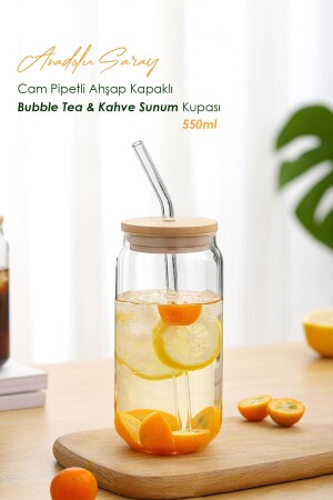 Isıya Dayanıklı Cam Pipetli Ahşap Kapaklı Bubble Tea Ve Borosilikat Bardak Kahve Sunum Bardağı 550ml - 2