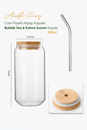 Isıya Dayanıklı Cam Pipetli Ahşap Kapaklı Bubble Tea Ve Borosilikat Bardak Kahve Sunum Bardağı 550ml - 4