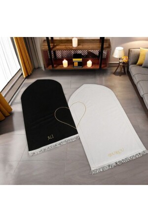 İsme Özel Kalbi Tamamla Eşlere Özel Çiftli Seccade Siyah Beyaz Gold İşlemeli(70*120cm330gr) - İkranur