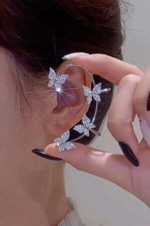 İthal Gümüş Renk Tekli Zirkon Taşlı Kelebek Earcuff Kıkırdak Küpe - 2