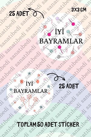 İyi Bayramlar Temalı Bayram Sticker Etiketi (50 Adet 3x3 cm) - 1