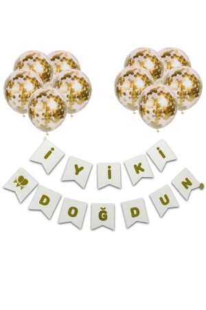 Iyi Ki Doğdun Beyaza Gold Varaklı Banner Yazı Konfetili Şeffaf Balon Seti - Deniz Party Store