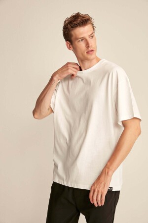 Jett Erkek Oversize Fit %100 Pamuk Kalın Dokulu Beyaz T-shirt - 1