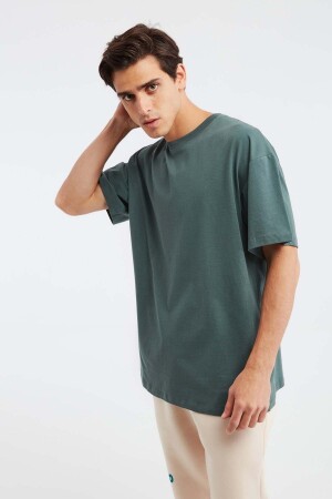 Jett Erkek Oversize Fit %100 Pamuk Kalın Dokulu Koyu Yeşil T-shirt - 1