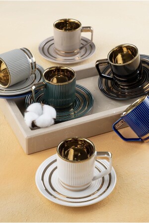 Julia Çizgi Desen Gold Yaldız Renkli 6 Kişilik 90 ml Porselen Kahve Fincanı Takımı 0094 KAI-22-0094-12 - ACAR