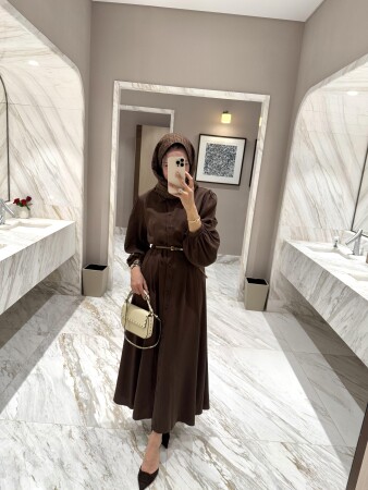 July Kemerli Elbise - Kahve - Duendeca