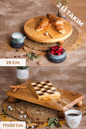 Justwood 2 Li Risus Top Ayaklı 29 Cm Ve 17x30 Cm Ahşap Dikdörtgen Pasta Sunum Servis Tabağı Seti GW007 - 2