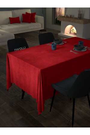 Kadife Dokulu Kırmızı Renk Masa Örtüsü - Favolli