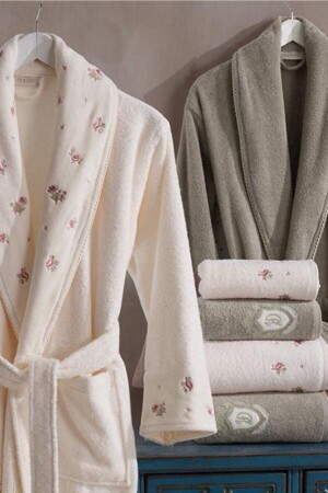 Kadife Pamuk Bornoz Seti 6 Parça Vanessa Krem - Bej - Dantela