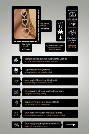 Kadın 3 Halkalı Kalp Modeli Zirkon Taşlı Gümüş Pırlanta Abiye Düğün Gelin Kına Söz Parti Balo Küpe FR204 Ring Heart Triple Stone Earrings - 2