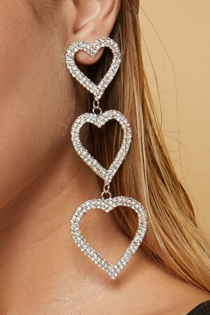 Kadın 3 Halkalı Kalp Modeli Zirkon Taşlı Gümüş Pırlanta Abiye Düğün Gelin Kına Söz Parti Balo Küpe FR204 Ring Heart Triple Stone Earrings - 1