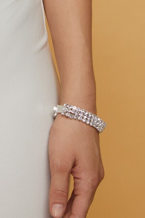 Kadın 3 Sıra Model Kristal Zirkon Taşlı Gümüş Pırlanta Abiye Düğün Nişan Söz Kına Parti Bileklik FR199 Crystal Stone Diamond Bracelet - 6