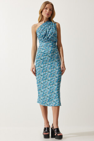 Kadın Açık Mavi Tek Omuz Yırtmaçlı Örme Elbise MC00266 - 1
