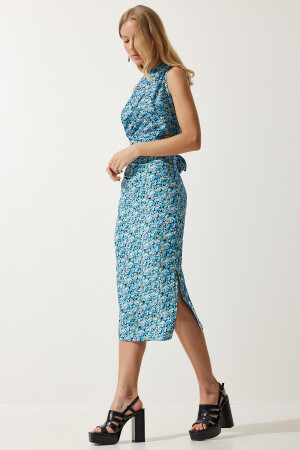 Kadın Açık Mavi Tek Omuz Yırtmaçlı Örme Elbise MC00266 - 2