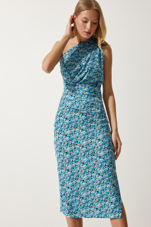 Kadın Açık Mavi Tek Omuz Yırtmaçlı Örme Elbise MC00266 - 3