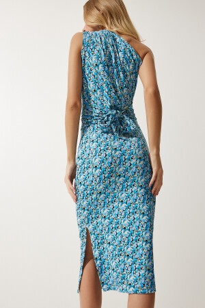 Kadın Açık Mavi Tek Omuz Yırtmaçlı Örme Elbise MC00266 - 5