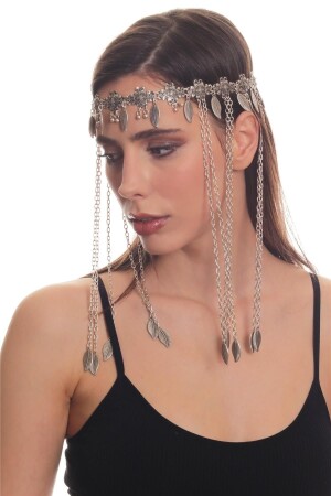 Kadın Antik Gümüş Kaplama Zincirli Yaprak Charm Detaylı Tasarım Saç Zinciri LBKDNSCZNCR8682712025049 - 1
