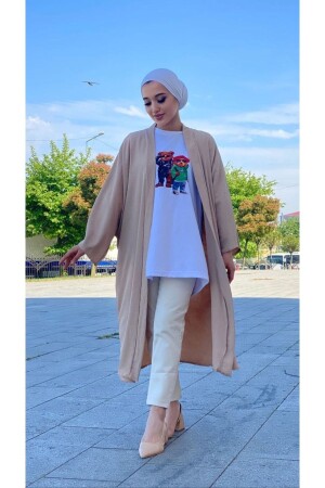 Kadın Bej Ayrobin Kuşaklı Kimono - Cng Moda