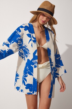 Kadın Bej Mavi Desenli Keten Viskon Kimono BH00381 - 1