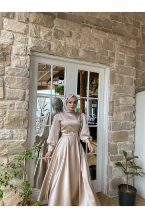 Kadın Bej Saten Kemerli Bellae Elbise BELLAELVL - LAVENDEL