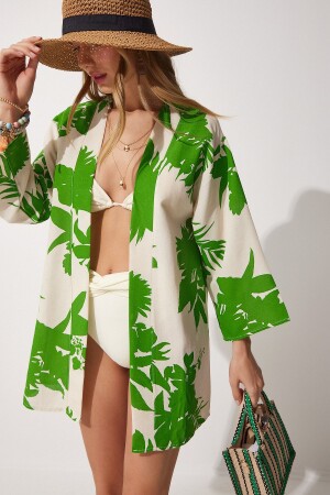 Kadın Bej Yeşil Desenli Keten Viskon Kimono BH00381 - 1