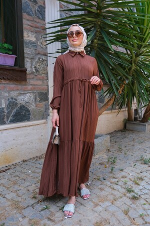 Kadın Bel Büzgülü Tesettür Elbise Kahverengi - Locco