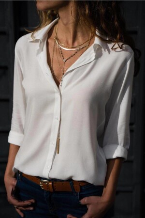 Kadın Beyaz Büyük Beden Basic Geniş Kalıp Dokuma Viskon Kumaş Gömlek Bluz - 1