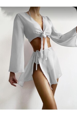 Kadın Beyaz Göğüs Bel Bağlamalı Tül Bluz Etek Görünümlü Alt Üst Deniz Plaj Elbisesi Pareo Takımı - 1